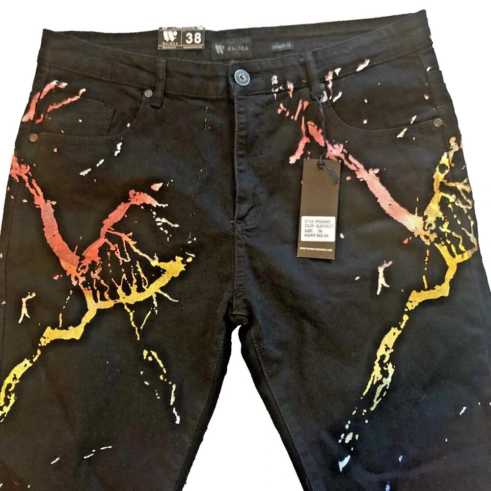 Waimea Men's 38 Skinny Fit Black Splatter Denim Shorts Distressed Fray Hem NWT
